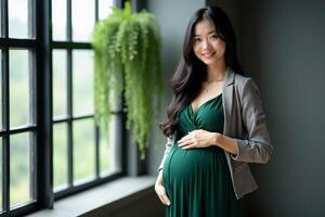 photo of happy pregnant woman standing and posing for picture,