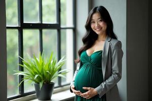 photo of happy pregnant woman standing and posing for picture,