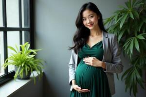 photo of happy pregnant woman standing and posing for picture,