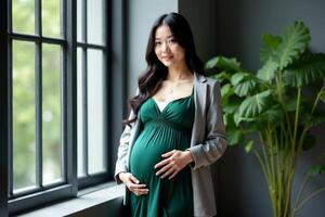 photo of happy pregnant woman standing and posing for picture,