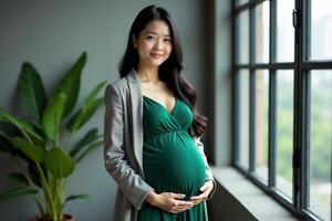 photo of happy pregnant woman standing and posing for picture,