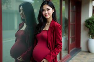 photo of happy pregnant woman standing and posing for picture with mirror and glass wall in background,