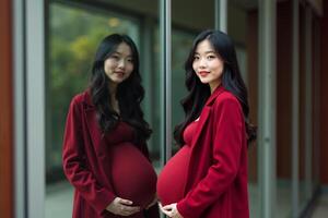 photo of happy pregnant woman standing and posing for picture with mirror and glass wall in background,