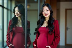 photo of happy pregnant woman standing and posing for picture with mirror and glass wall in background,