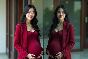 photo of happy pregnant woman standing and posing for picture with mirror and glass wall in background,