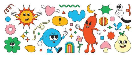 Set of 70s groovy element . Collection of cartoon characters, doodle smile face, heart, sun, ball, sausage, pear, ginkgo, speech bubble. Cute retro groovy hippie design for decorative, sticker. vector