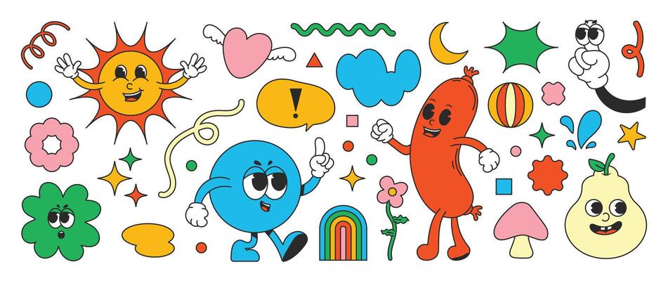 Set of 70s groovy element . Collection of cartoon characters, doodle smile face, heart, sun, ball, sausage, pear, ginkgo, speech bubble. Cute retro groovy hippie design for decorative, sticker.