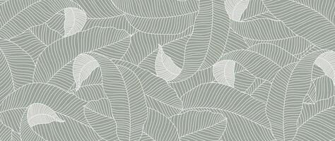 Green banana leaf line art wallpaper background . Luxury natural hand drawn foliage pattern design in minimalist linear contour simple style. Design for fabric, cover, banner, invitation. vector