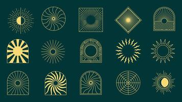 Collection of sunray on green background. Abstract gold color icon element of sunray with window different shapes. Icon graphic design for decoration, logo, business, ads. vector