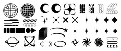 Collection of geometric shapes on white background. Abstract black color icon element of wireframe, star, sparkling, different shapes. Icon graphic design for decoration, logo, business, ads. vector