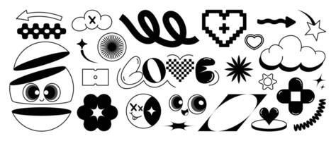 Set of y2k style elements . Hand drawn collection of pixel, fluffy, eye, heart, cloud, organic shape in black and white color. Design for print, cartoon, card, decoration, sticker. vector