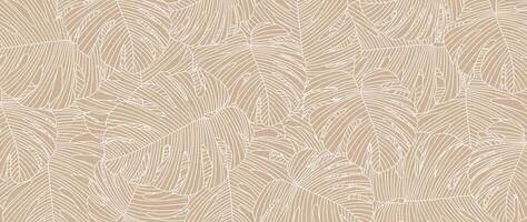 Beige monstera leaf line art wallpaper background . Luxury natural hand drawn foliage pattern design in minimalist linear contour simple style. Design for fabric, cover, banner, invitation. vector