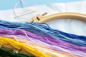ool for hand embroidery and a set of multi-colored threads, hobby and handmade concept photo