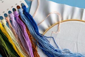 ool for hand embroidery and a set of multi-colored threads, hobby and handmade concept photo