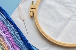 ool for hand embroidery and a set of multi-colored threads, hobby and handmade concept photo