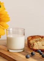 glass of milk and sweet homemade banana bread with crispy crust on a wooden board, dessert photo