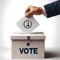 Hand placing ballot with checkmark into voting box. Close-up shot on white background. Voting and election concept photo