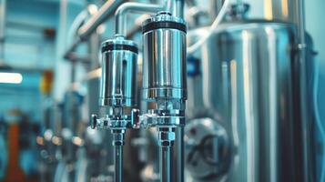 Industrial water filtration system with stainless steel tanks and gauges. Concept of water purification, filtration technology, clean water, industrial engineering photo