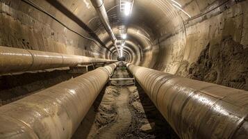 Industrial underground tunnel with large pipelines extending into the distance. Concept of infrastructure, utility systems, urban engineering, and industrial design photo