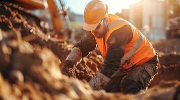 Construction Worker Digging on Site with Heavy Machinery in Background Concept of Laborer Man Working Excavation Safety Equipment Manual Work photo