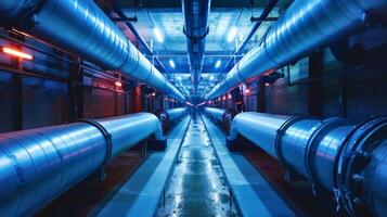 Industrial underground tunnel with large pipelines extending into the distance. Concept of infrastructure, utility systems, urban engineering, and industrial design photo