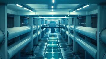 Industrial underground tunnel with large pipelines extending into the distance. Concept of infrastructure, utility systems, urban engineering, and industrial design photo