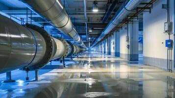 Industrial underground tunnel with large pipelines extending into the distance. Concept of infrastructure, utility systems, urban engineering, and industrial design photo