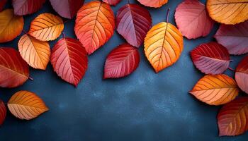 red, orange and yellow autumn leaves top view. Fall time dried up leaves to signify the changing of seasons and passage of time. Autumn fall background with colorful dried up leaves. maple leaf photo
