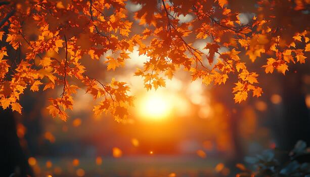 sunset through the branches of maple tree to signify the changing of seasons. Fall time with dried up orange and red maple leaves. Autumn in the park through tree branches photo