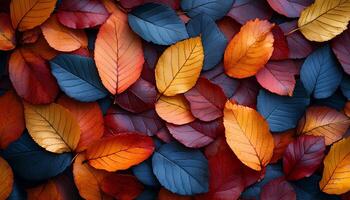 red, orange and yellow autumn leaves top view. Fall time dried up leaves to signify the changing of seasons and passage of time. Autumn fall background with colorful dried up leaves. maple leaf photo