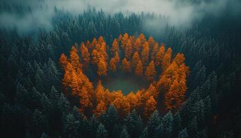 pino bosque durante otoño y otoño hora Disparo desde aves ojo ver a significar el cambiando de estaciones. rojo, naranja y verde temperamental bosque con niebla para un Campaña sobre el preservación de bosques foto
