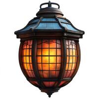 lantern with light isolated on white background with shadow. antique lantern with a glowing light inside photo