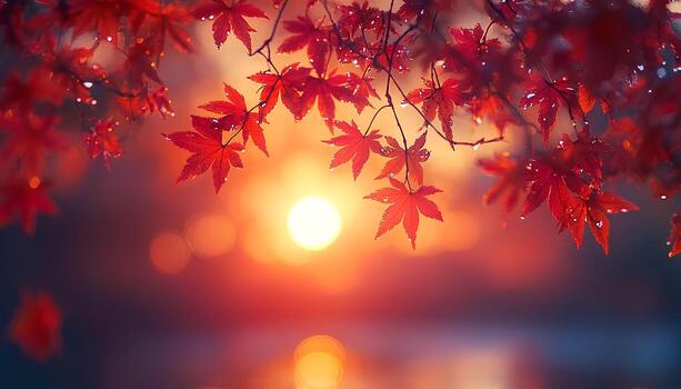 sunset through the branches of maple tree to signify the changing of seasons. Fall time with dried up orange and red maple leaves. Autumn in the park through tree branches photo