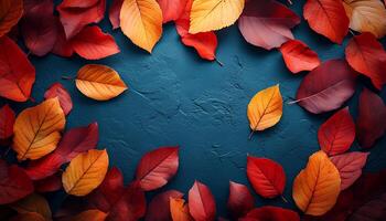 red, orange and yellow autumn leaves top view. Fall time dried up leaves to signify the changing of seasons and passage of time. Autumn fall background with colorful dried up leaves. maple leaf photo