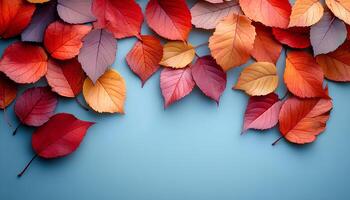 red, orange and yellow autumn leaves top view. Fall time dried up leaves to signify the changing of seasons and passage of time. Autumn fall background with colorful dried up leaves. maple leaf photo