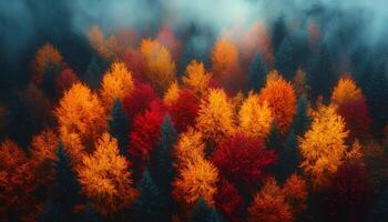 pine forest during fall and autumn time shot from bird's eye view to signify the changing of seasons. red, orange and green moody forest with fog for a campaign concerning the preservation of forests photo