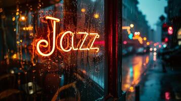 A neon Jazz sign on a window of a jazz bar, with raindrops on the glass. Moody and atmospheric scene photo