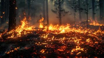 Flames consume the forest floor, threatening trees as smoke fills the air during a fierce blaze at twilight in a remote area photo