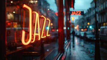 A vibrant neon sign Jazz shines through window, inviting to enjoy live music during a rainy evening photo