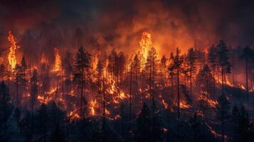 Devastating flames consume a vast forest, creating a striking contrast against the darkened sky as fire spreads rapidly through the trees photo