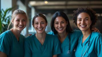 A group of diverse nurses smiles brightly, showcasing camaraderie and achievement in a healthcare environment photo