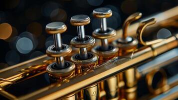 Close-up of a shiny golden saxophone, revealing its keys and elegant design in a black background photo