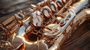 Close-up of a shiny saxophone with intricate details on smooth wooden surface. Jazz music instrument photo