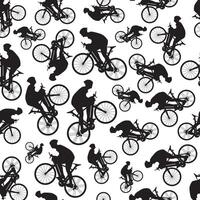 A pattern with black cyclist silhouettes on a white background. Ideal for sports-themed designs, fabrics, wallpapers, and wrapping paper. Dynamic and energetic cycling motif. vector