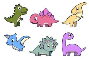 Cute dinosaur cartoon character set featuring colorful and happy dinos, perfect for kids. Includes T-Rex, pterodactyl, triceratops, and more. Isolated on white background. vector