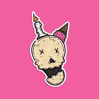 Skull cute with candle and strawberry ice cream on the top of head skull, sticker style isolated in a pink background vector