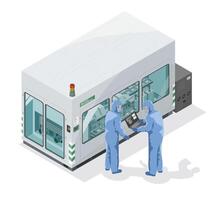 microprocessor and microship industry engineer working on high tech hardwere factory machine isometric cartoon isolated vector
