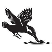 Eurasian Kingfisher silhouette - River Kingfisher Clipart - Common Kingfisher In a shallow dive illustration in black and white vector