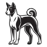 Basenji Dog Standing - Dog silhouette - standing dog side view illustration in black and white vector