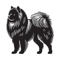 Keeshond Dog Standing silhouette - standing dog side view illustration in black and white vector